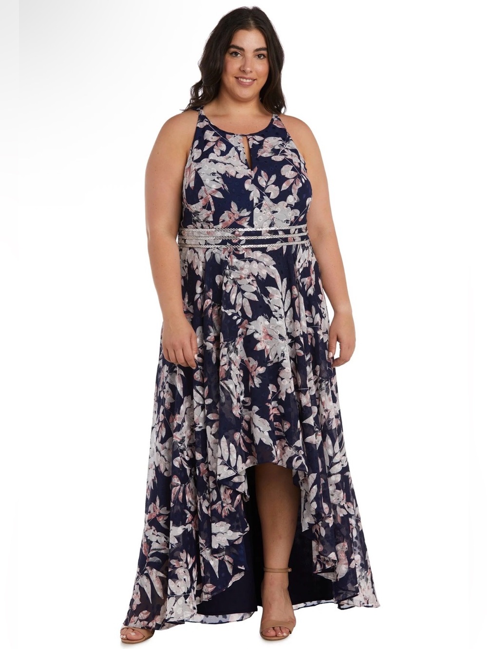 Dress with Beaded Waist, High Low Plus Size Floral Navy